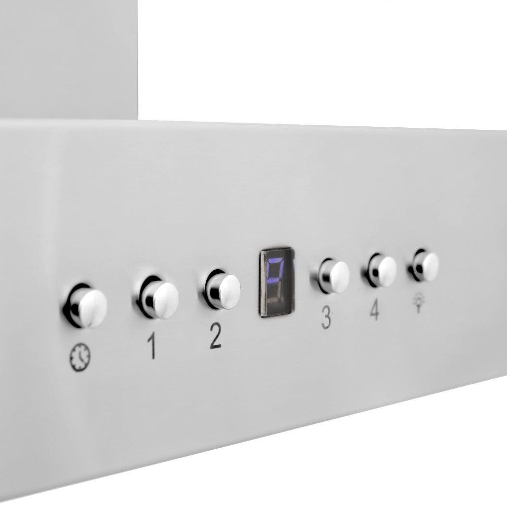 ZLINE Convertible Vent Wall Mount Range Hood in Stainless Steel with Crown Molding (KECRN) buttons and LED display.