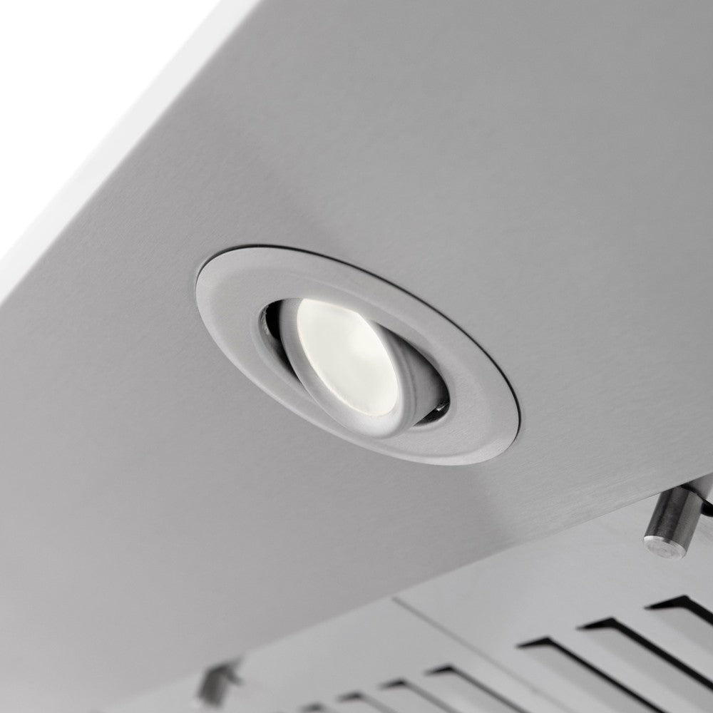 ZLINE Wall Mount Range Hood in Stainless Steel with Built-in CrownSound Bluetooth Speakers (KF1CRN-BT) close-up, built-in directional LED light.