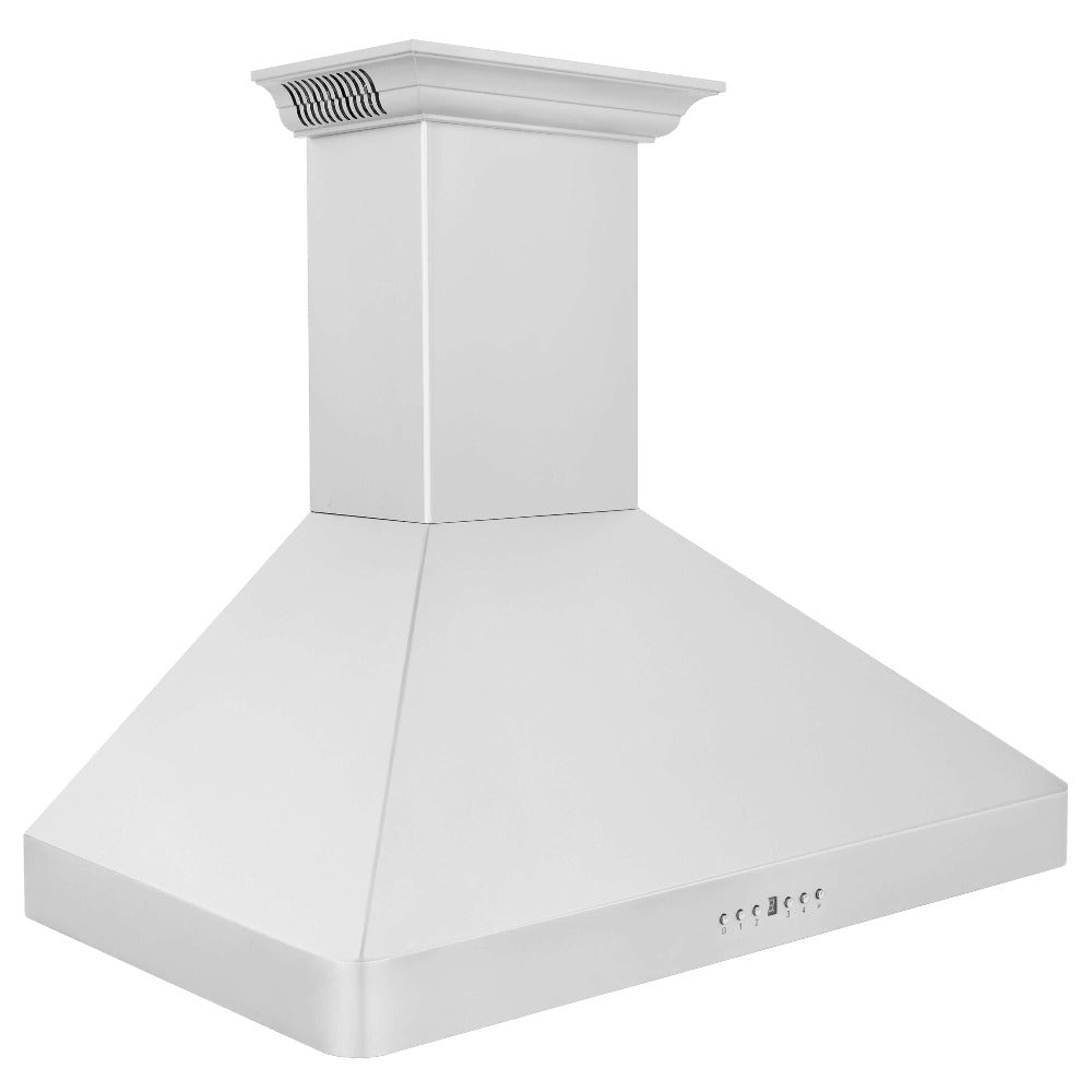 ZLINE Wall Mount Range Hood in Stainless Steel with Built-in CrownSound Bluetooth Speakers (KF2CRN-BT) side, above.