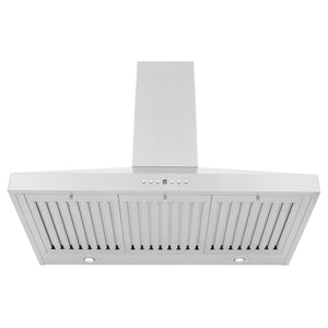 ZLINE Convertible Vent Wall Mount Range Hood in Stainless Steel (KL3) front under medium showing filters, LED lighting, and button panel.