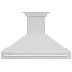 ZLINE Autograph Edition 48 in. Stainless Steel Range Hood with Stainless Steel Shell and Polished Gold Handle (8654STZ-48-G) front.