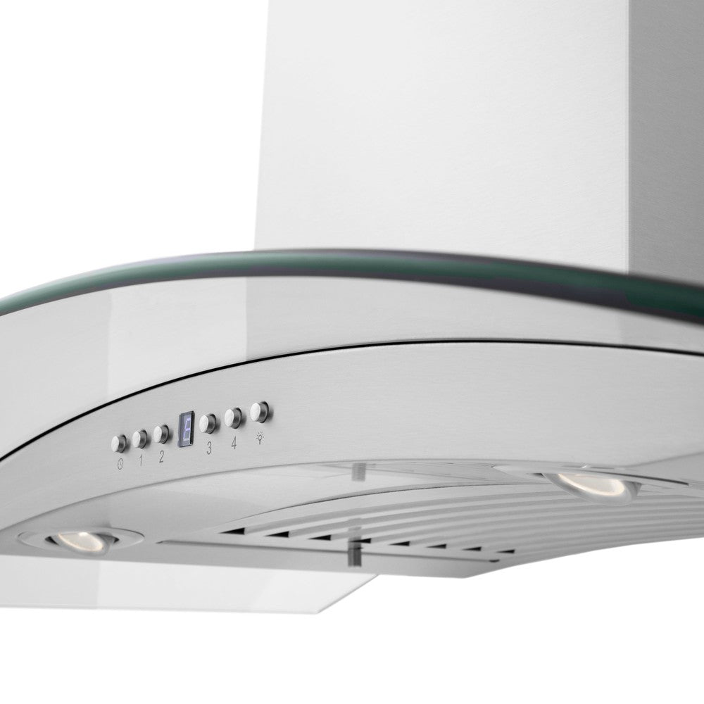 ZLINE Ducted Vent Wall Mount Range Hood in Stainless Steel with Built-in CrownSound Bluetooth Speakers (KN4CRN-BT) close-up, buttons and display.