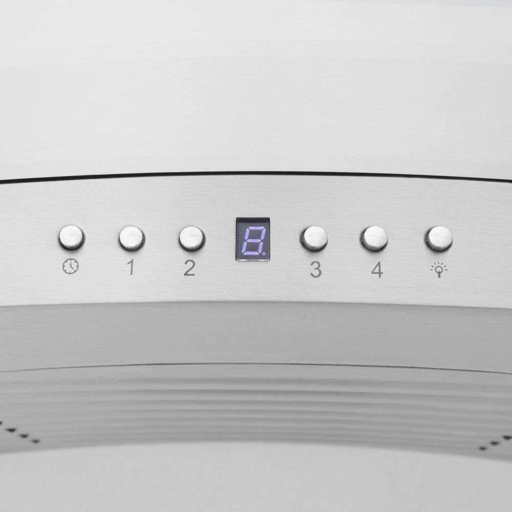 ZLINE Ducted Vent Wall Mount Range Hood in Stainless Steel with Built-in CrownSound Bluetooth Speakers (KN4CRN-BT) close-up, buttons and display.