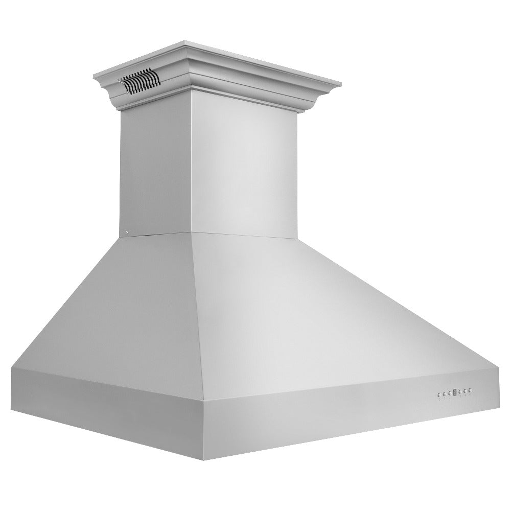 ZLINE Professional Wall Mount Range Hood in Stainless Steel with Built-in ZLINE CrownSound Bluetooth Speakers (697CRN-BT) side, above.