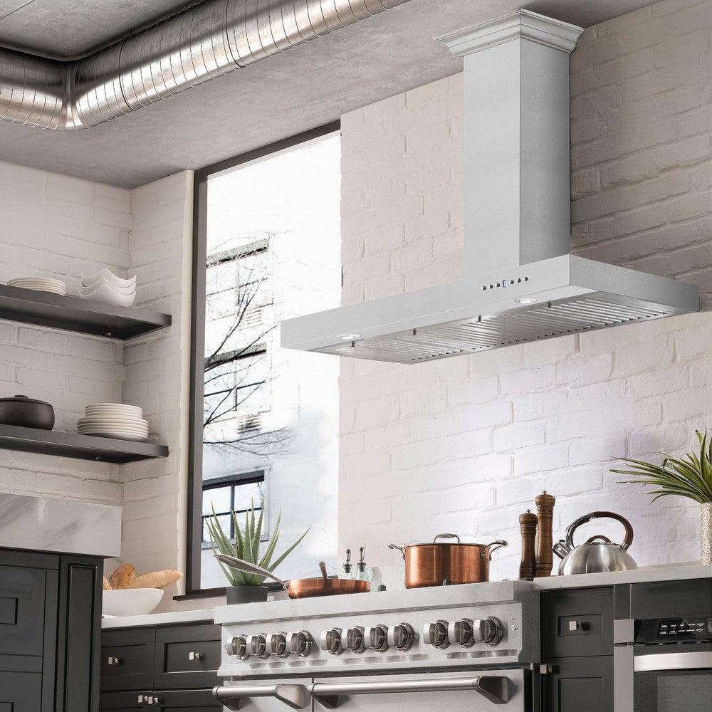 ZLINE Convertible Vent Wall Mount Range Hood in Stainless Steel (KE) lifestyle image from side in a luxury kitchen.