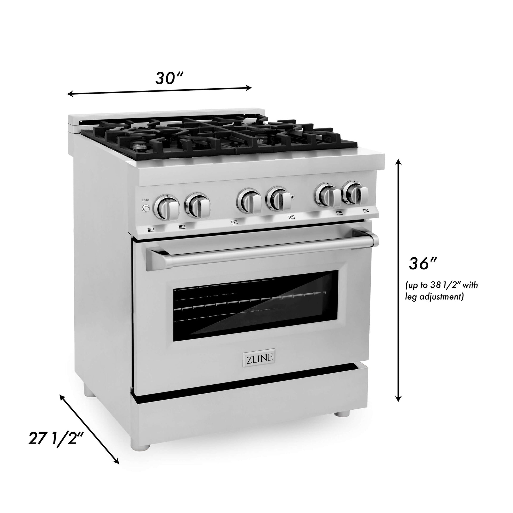 ZLINE 30 in. 4.0 cu. ft. Dual Fuel Range with Gas Stove and Electric Oven in Stainless Steel (RA30) dimensional measurements.