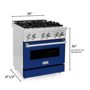 ZLINE 30 in. 4.0 cu. ft. Legacy Dual Fuel Range with 4 Burner Gas Cooktop and Electric Convection Oven in Stainless Steel and Blue Gloss Door (RA-BG-30) dimensional diagram.