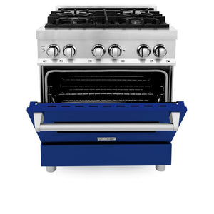 ZLINE 30 in. 4.0 cu. ft. Legacy Dual Fuel Range with 4 Burner Gas Cooktop and Electric Convection Oven in Stainless Steel and Blue Gloss Door (RA-BG-30) front, oven half open.