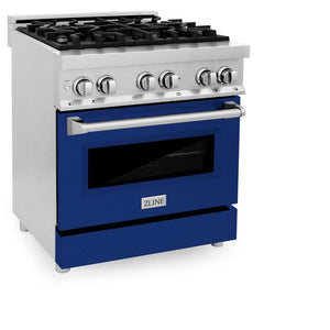 ZLINE 30 in. 4.0 cu. ft. Legacy Dual Fuel Range with 4 Burner Gas Cooktop and Electric Convection Oven in Stainless Steel and Blue Gloss Door (RA-BG-30) side, oven closed.