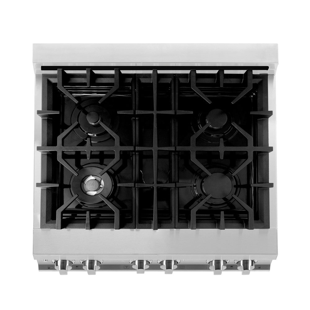 ZLINE 30 in. 4.0 cu. ft. Legacy Dual Fuel Range with 4 Burner Gas Cooktop and Electric Convection Oven in Stainless Steel and Blue Gloss Door (RA-BG-30) top-view, above cooktop.