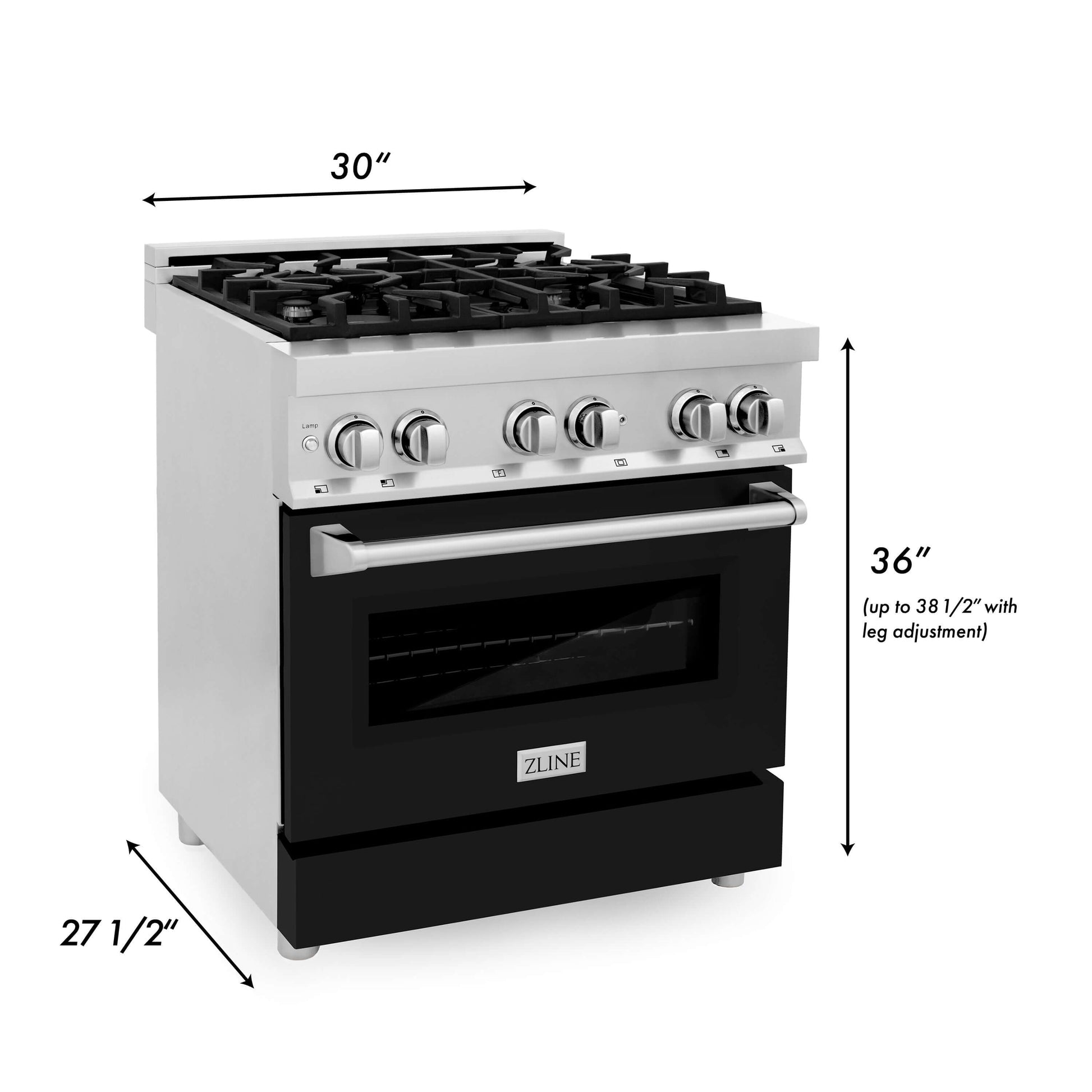 ZLINE 30 in. Kitchen Package with Stainless Steel Dual Fuel Range with Black Matte Door and Convertible Vent Range Hood (2KP-RABLMRH30) dimensional diagram with measurements.