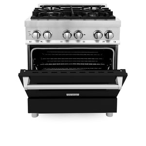 ZLINE 30 in. 4.0 cu. ft. Legacy Dual Fuel Range with 4 Burner Gas Cooktop and Electric Convection Oven in Stainless Steel and Black Matte Door (RA-BLM-30) front, oven half open.