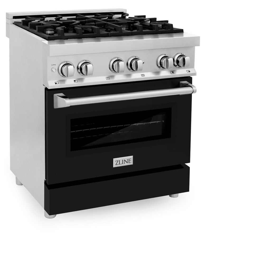 ZLINE 30 in. 4.0 cu. ft. Legacy Dual Fuel Range with 4 Burner Gas Cooktop and Electric Convection Oven in Stainless Steel and Black Matte Door (RA-BLM-30) side, oven closed.