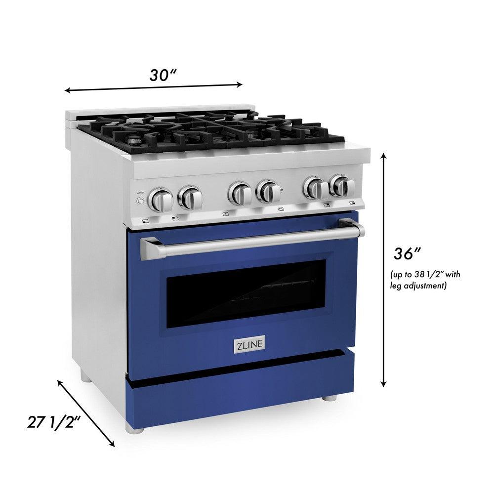 ZLINE 30 in. 4.0 cu. ft. Legacy Dual Fuel Range with 4 Burner Gas Cooktop and Electric Convection Oven in Stainless Steel and Blue Matte Door (RA-BM-30) dimensional diagram.