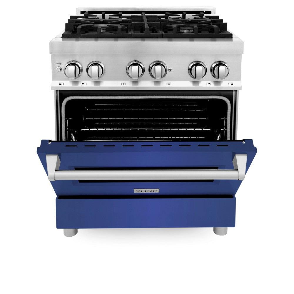 ZLINE 30 in. 4.0 cu. ft. Legacy Dual Fuel Range with 4 Burner Gas Cooktop and Electric Convection Oven in Stainless Steel and Blue Matte Door (RA-BM-30) front, oven half open.