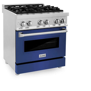 ZLINE 30 in. 4.0 cu. ft. Legacy Dual Fuel Range with 4 Burner Gas Cooktop and Electric Convection Oven in Stainless Steel and Blue Matte Door (RA-BM-30) side, oven closed.