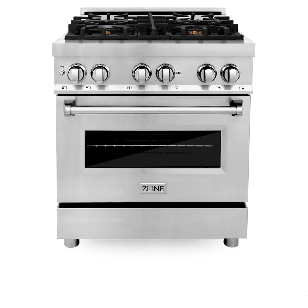 ZLINE 30 in. 4.0 cu. ft. Legacy Dual Fuel Range with Gas Cooktop and Electric Convection Oven in Stainless Steel with 4 Brass Burners (RA-BR-30) front, oven closed.