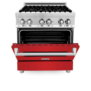ZLINE 30 in. Kitchen Package with Satin Stainless Steel Dual Fuel Range with Red Matte Door and Convertible Vent Range Hood (2KP-RARMRH30)