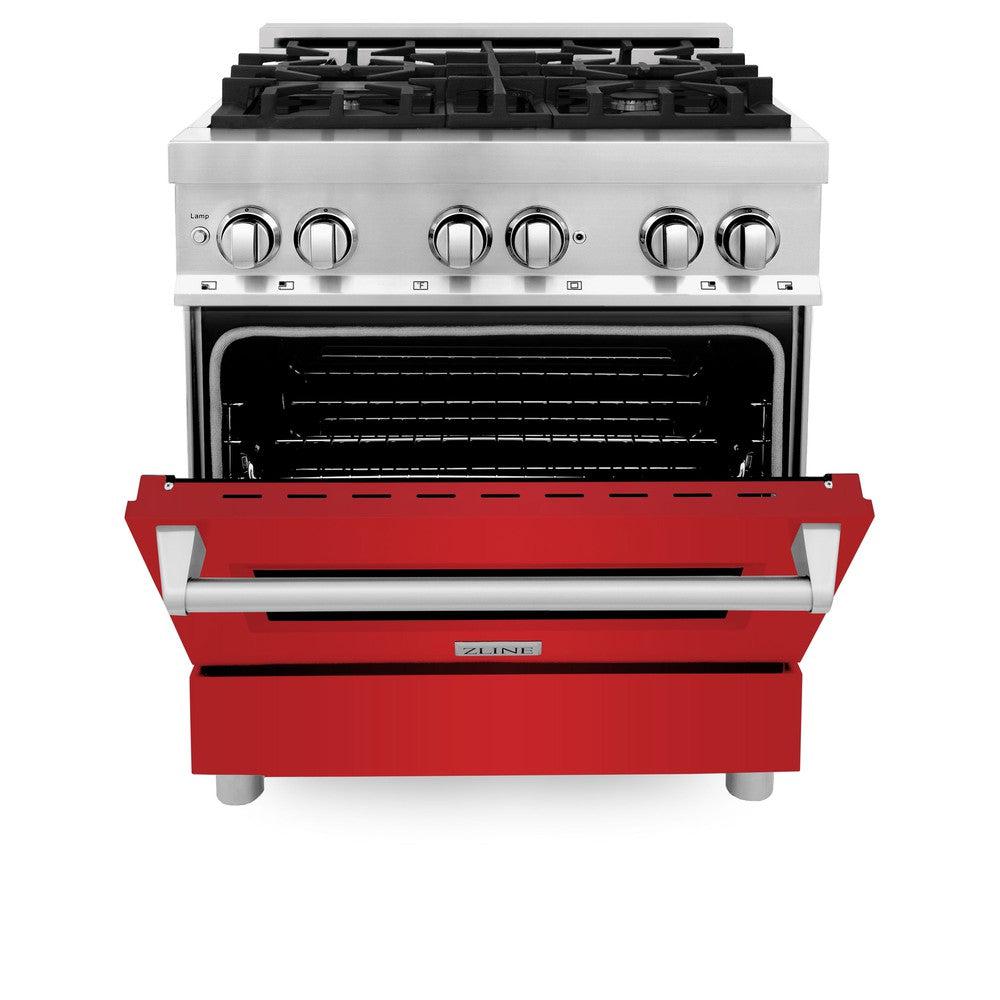 ZLINE 30 in. 4.0 cu. ft. Legacy Dual Fuel Range with 4 Burner Gas Cooktop and Electric Convection Oven in Stainless Steel and Red Matte Door (RA-RM-30) front, oven half open.