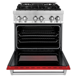 ZLINE 30 in. 4.0 cu. ft. Legacy Dual Fuel Range with 4 Burner Gas Cooktop and Electric Convection Oven in Stainless Steel and Red Matte Door (RA-RM-30) front, open.