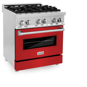 ZLINE 30 in. 4.0 cu. ft. Legacy Dual Fuel Range with 4 Burner Gas Cooktop and Electric Convection Oven in Stainless Steel and Red Matte Door (RA-RM-30) side, oven closed.