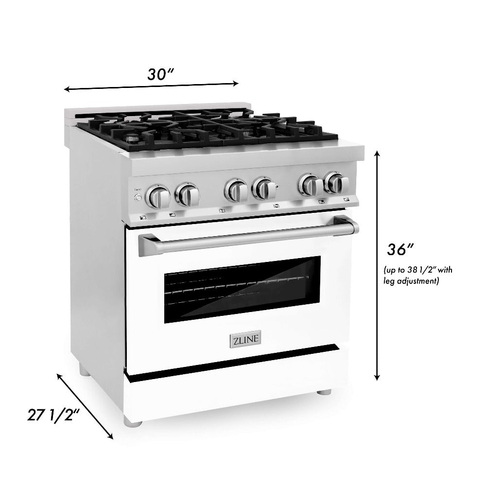 ZLINE 30 in. 4.0 cu. ft. Legacy Dual Fuel Range with 4 Burner Gas Cooktop and Electric Convection Oven in Stainless Steel and White Matte Door (RA-WM-30) dimensional diagram.