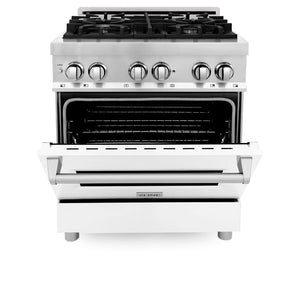 ZLINE 30 in. 4.0 cu. ft. Legacy Dual Fuel Range with 4 Burner Gas Cooktop and Electric Convection Oven in Stainless Steel and White Matte Door (RA-WM-30) front, oven half open.