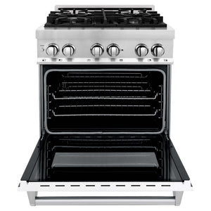ZLINE 30 in. 4.0 cu. ft. Legacy Dual Fuel Range with 4 Burner Gas Cooktop and Electric Convection Oven in Stainless Steel and White Matte Door (RA-WM-30) front, open.