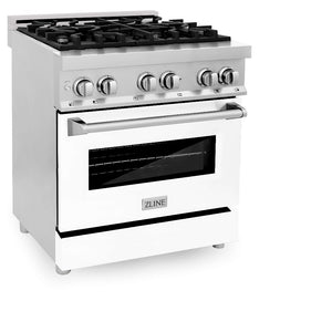 ZLINE 30 in. 4.0 cu. ft. Legacy Dual Fuel Range with 4 Burner Gas Cooktop and Electric Convection Oven in Stainless Steel and White Matte Door (RA-WM-30) side, oven closed.