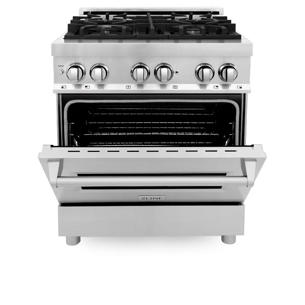 ZLINE 30 in. 4.0 cu. ft. Dual Fuel Range with Gas Stove and Electric Oven in Stainless Steel (RA30) front, oven half open.