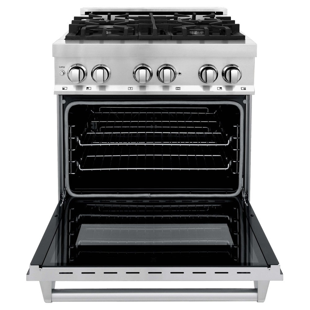 ZLINE 30 in. 4.0 cu. ft. Dual Fuel Range with Gas Stove and Electric Oven in Stainless Steel (RA30) front, oven door open.