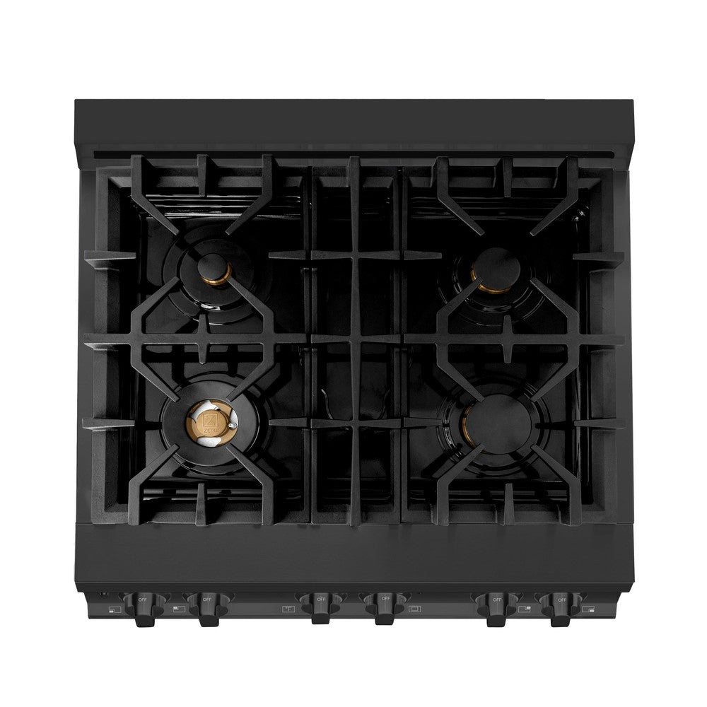 ZLINE 30 in. 4.0 cu. ft. Dual Fuel Range with Gas Stove and Electric Oven in Black Stainless Steel with Brass Burners (RAB-BR-30) from above showing cooktop with gas burners and cast-iron grates.