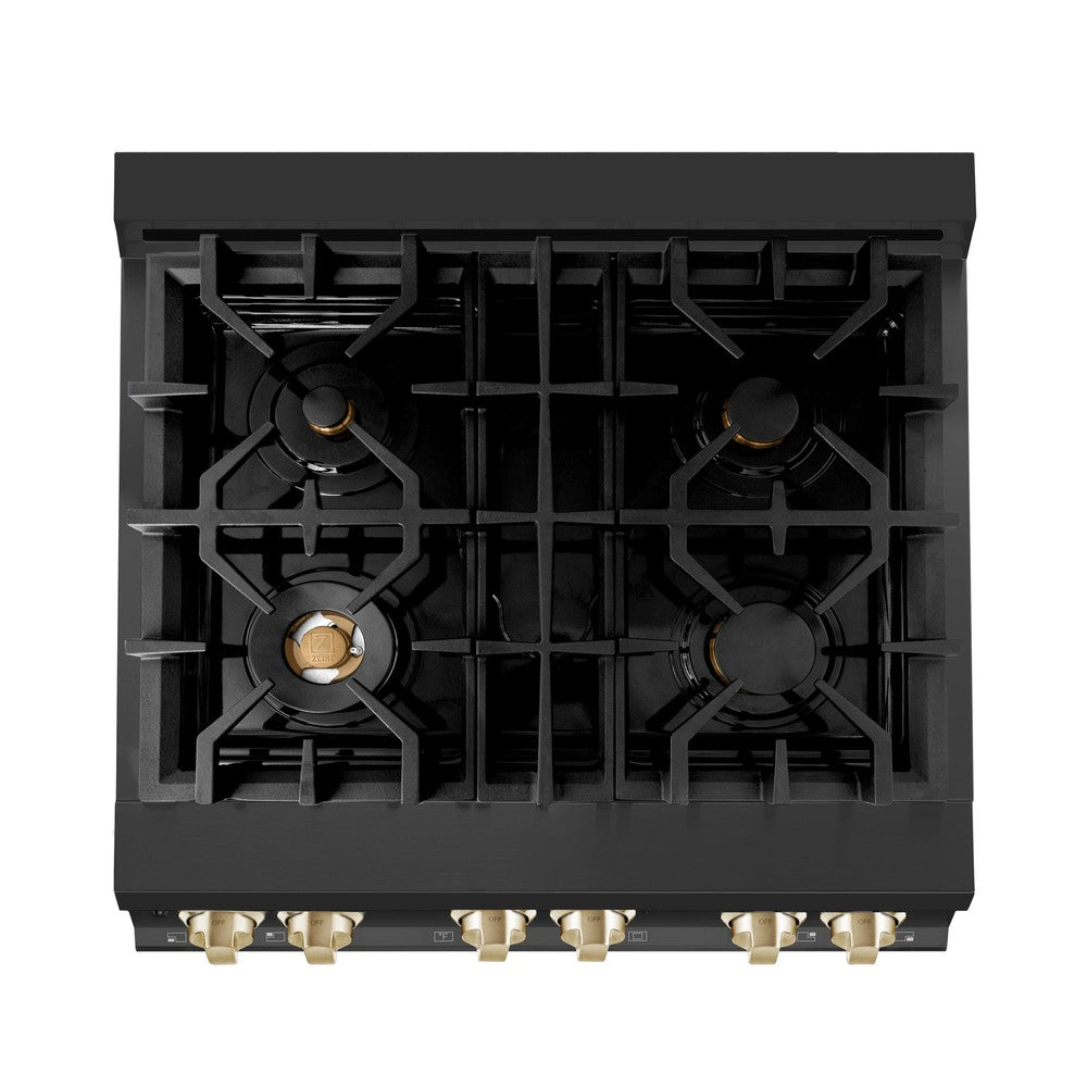 ZLINE Autograph Edition 30 in. 4.0 cu. ft. Legacy Dual Fuel Range with 4 Burner Gas Cooktop and Electric Convection Oven in Black Stainless Steel and Polished Gold Accents (RABZ-30-G) top-view, above cooktop.