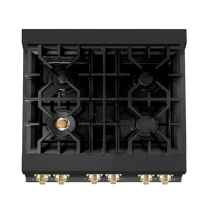 ZLINE Autograph Edition 30 in. 4.0 cu. ft. Legacy Dual Fuel Range with 4 Burner Gas Cooktop and Electric Convection Oven in Black Stainless Steel and Polished Gold Accents (RABZ-30-G) top-view, above cooktop.