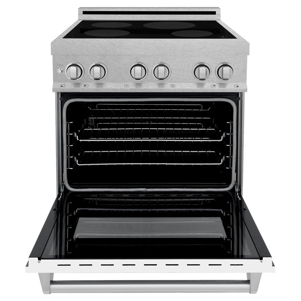 ZLINE 30 in. 4.0 cu. ft. Induction Range in Fingerprint Resistant Stainless Steel with a 4 Element Stove, Electric Oven, and White Matte Door (RAINDS-WM-30) front, oven door open.