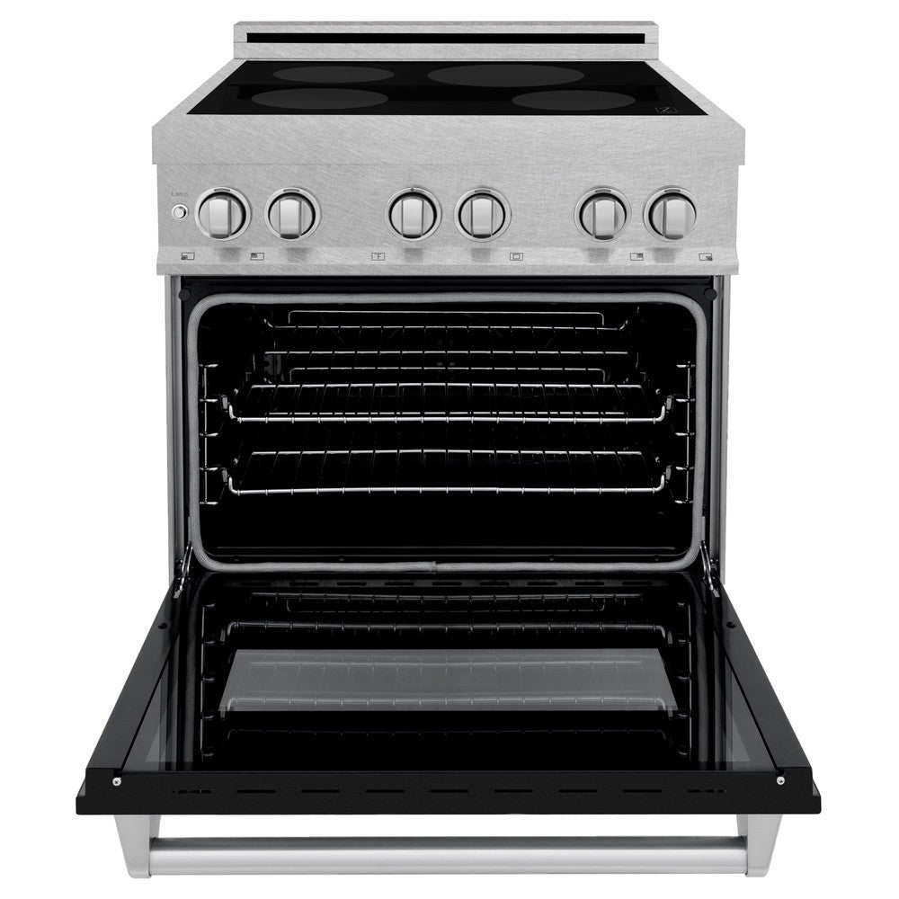 ZLINE 30 in. 4.0 cu. ft. Legacy Induction Range with 4 Element Cooktop and Electric Oven in DuraSnow® Stainless Steel and Black Matte Door (RAINDS-BLM-30) front, oven open.