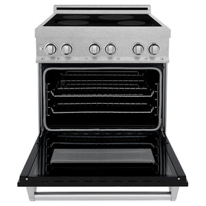 ZLINE 30 in. 4.0 cu. ft. Legacy Induction Range with 4 Element Cooktop and Electric Oven in DuraSnow® Stainless Steel and Black Matte Door (RAINDS-BLM-30) front, oven open.