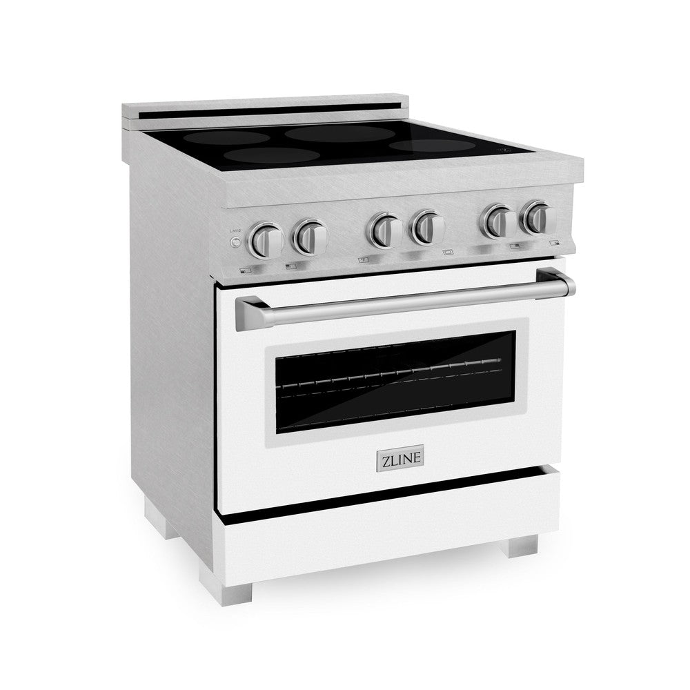 ZLINE 30 in. 4.0 cu. ft. Induction Range in Fingerprint Resistant Stainless Steel with a 4 Element Stove, Electric Oven, and White Matte Door (RAINDS-WM-30) side, oven closed.