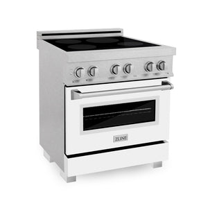 ZLINE 30 in. 4.0 cu. ft. Induction Range in Fingerprint Resistant Stainless Steel with a 4 Element Stove, Electric Oven, and White Matte Door (RAINDS-WM-30) side, oven closed.