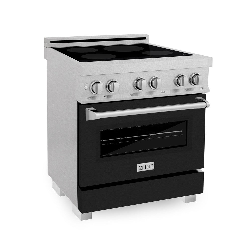 ZLINE 30 in. 4.0 cu. ft. Induction Range in Fingerprint Resistant Stainless Steel with a 4 Element Stove, Electric Oven, and Black Matte Door (RAINDS-BLM-30) side, oven closed.