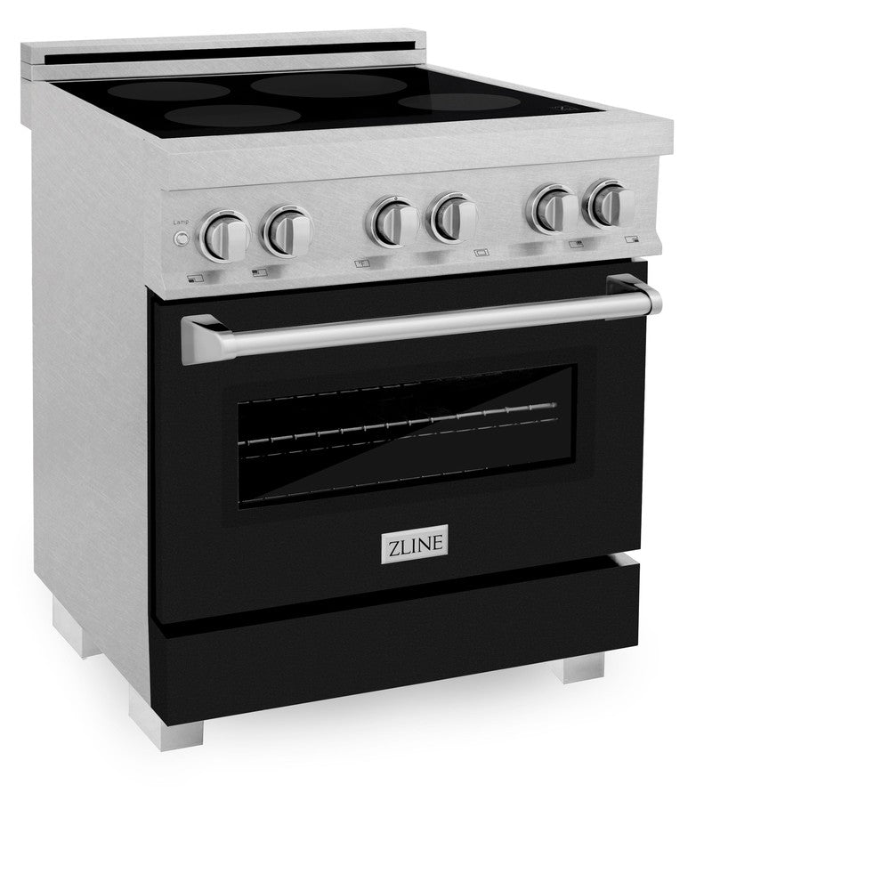 ZLINE 30 in. 4.0 cu. ft. Legacy Induction Range with 4 Element Cooktop and Electric Oven in DuraSnow® Stainless Steel and Black Matte Door (RAINDS-BLM-30) side, oven closed.