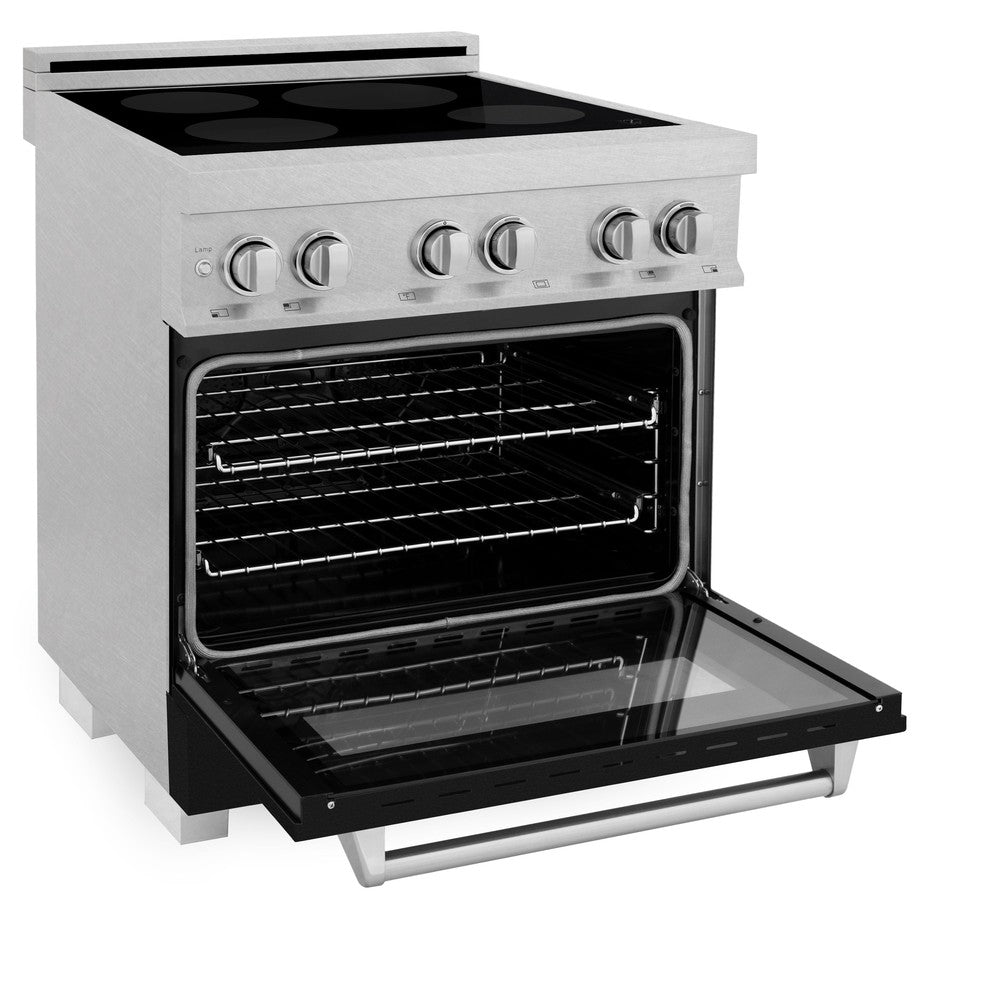 ZLINE 30 in. 4.0 cu. ft. Induction Range in Fingerprint Resistant Stainless Steel with a 4 Element Stove, Electric Oven, and Black Matte Door (RAINDS-BLM-30) side, oven door open.