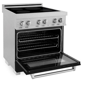 ZLINE 30 in. 4.0 cu. ft. Induction Range in Fingerprint Resistant Stainless Steel with a 4 Element Stove, Electric Oven, and Black Matte Door (RAINDS-BLM-30) side, oven door open.