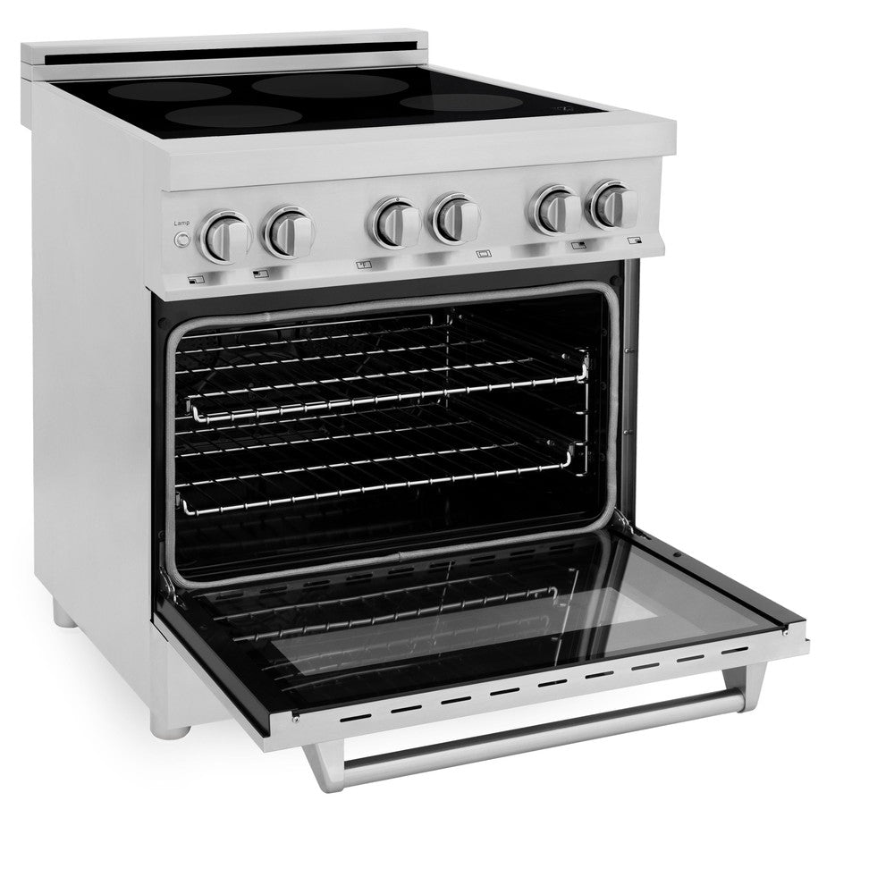 ZLINE 30 in. 4.0 cu. ft. Induction Range with a 4 Induction Element Stove and Electric Oven in Stainless Steel (RAIND-30) side, oven door open.
