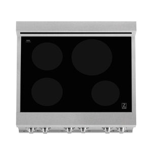 ZLINE 30 in. 4.0 cu. ft. Induction Range in Fingerprint Resistant Stainless Steel with a 4 Element Stove, Electric Oven, and Black Matte Door (RAINDS-BLM-30) from above showing induction cooking elements on Schott Ceran® glass cooktop.