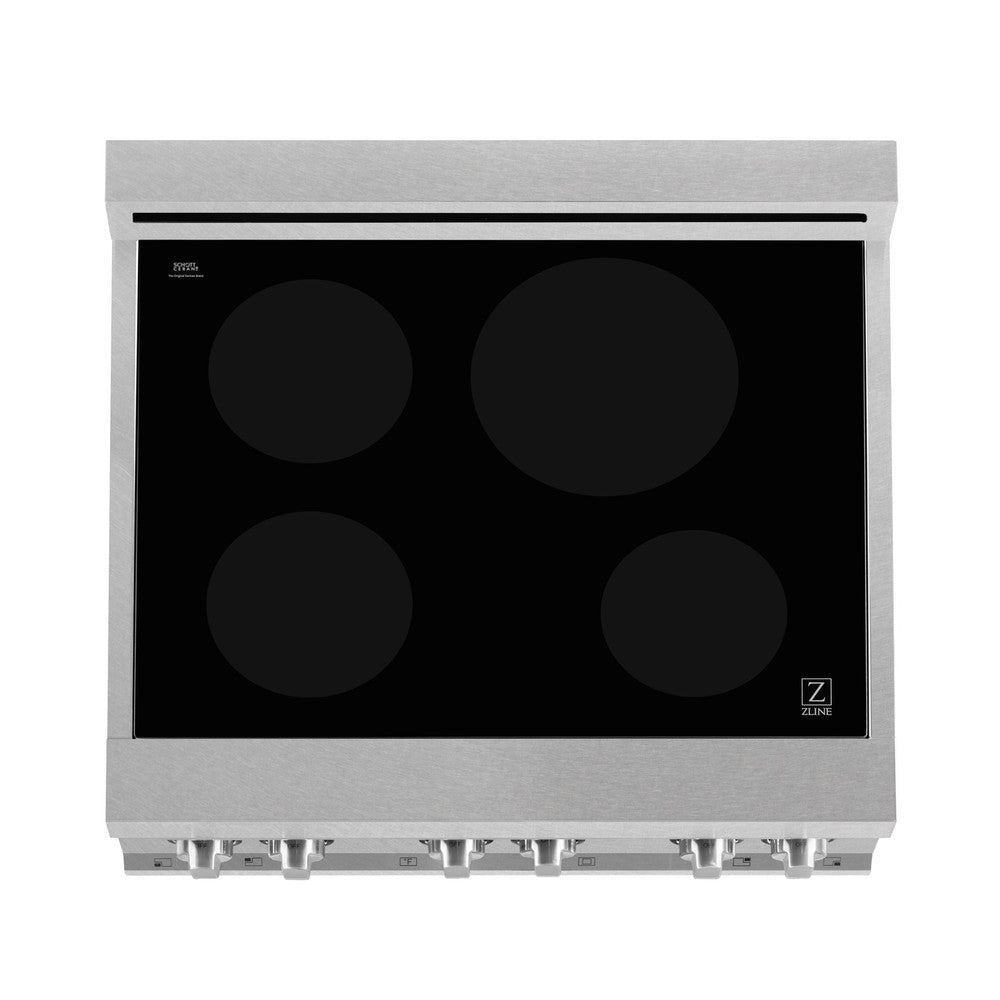 ZLINE 30 in. 4.0 cu. ft. Induction Range in Fingerprint Resistant Stainless Steel with a 4 Element Stove, Electric Oven, and White Matte Door (RAINDS-WM-30) from above showing induction cooking elements on Schott Ceran® glass cooktop.