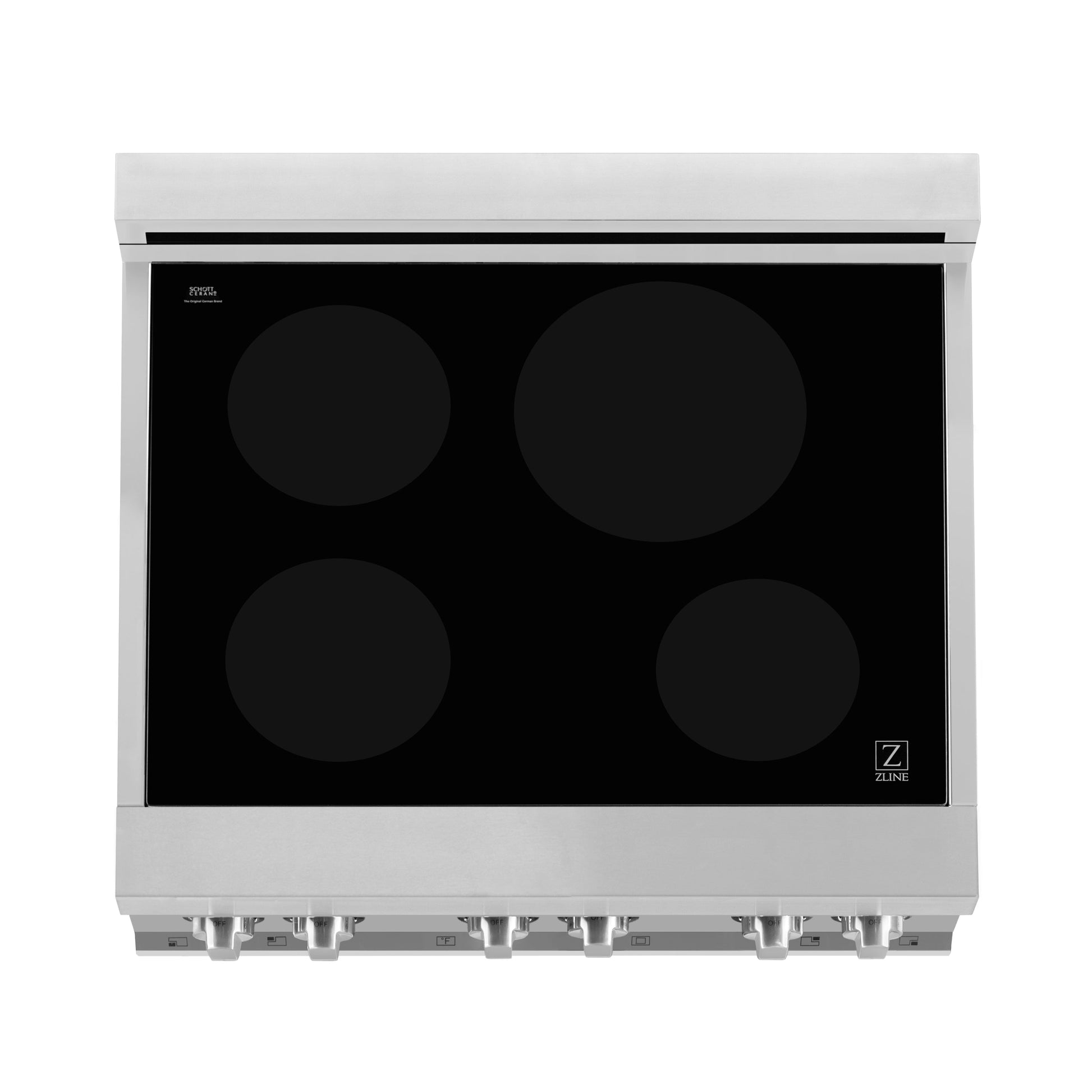 ZLINE 30 in. 4.0 cu. ft. Induction Range with a 4 Induction Element Stove and Electric Oven in Stainless Steel (RAIND-30) from above showing induction cooking elements on Schott Ceran® glass cooktop.