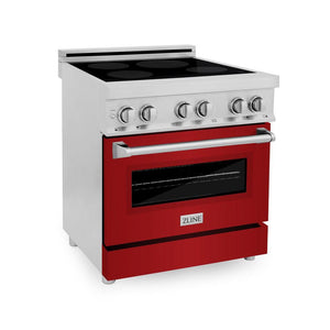 ZLINE 30 in. 4.0 cu. ft. Induction Range with a 4 Induction Element Stove and Electric Oven in Stainless Steel with Red Gloss Door (RAIND-RG-30) side, oven closed.