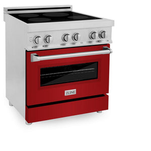 ZLINE 30 in. 4.0 cu. ft. Induction Range with a 4 Induction Element Stove and Electric Oven in Stainless Steel with Red Gloss Door (RAIND-RG-30) side, oven door closed.