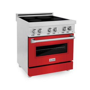 ZLINE 30 in. 4.0 cu. ft. Induction Range with a 4 Induction Element Stove and Electric Oven in Stainless Steel with Red Matte Door (RAIND-RM-30) side, oven closed.